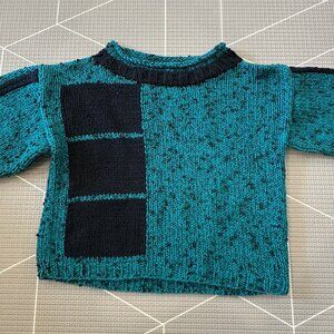 Vintage Handknit Oversized Toddler Sweater with Teal and Black Geometric Pattern
